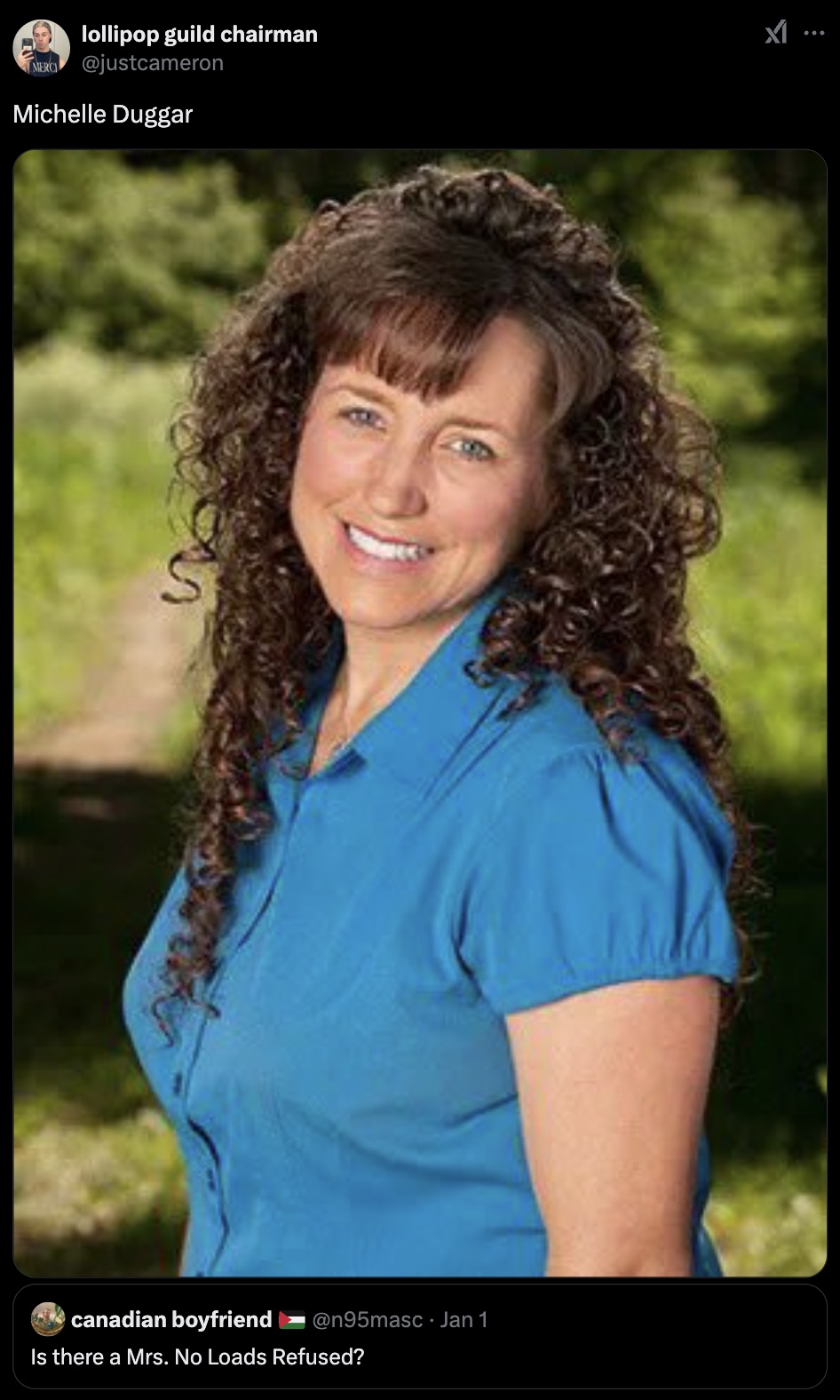 michelle duggar - Jan 1 canadian boyfriend Is there a Mrs. No Loads Refused? Merci lollipop guild chairman Michelle Duggar